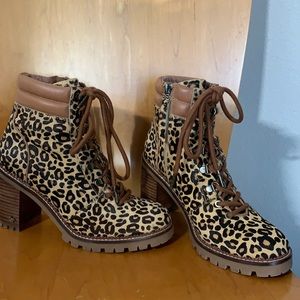 Sam Edelman Sade Women's Leopard Calf-Hair Stacked Heel Combat Boots Size 8